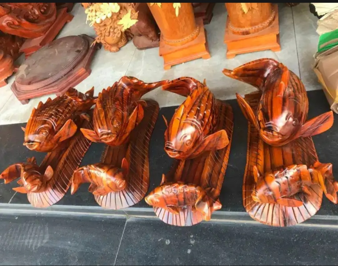 Tượng gỗ phong thuỷ-Tượng cá chép mẫu tử gỗ xà cừ ngang 50 và ngang 60 cm