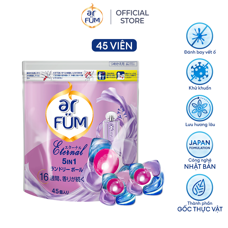 Viên giặt Quần áo arFUM 5 trong 1 MỚI thơm tinh dầu nước hoa, khử khuẩn 99% - 4 mùi hương (túi 45 viên)