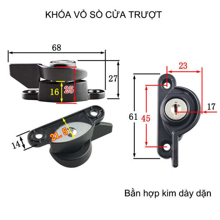 01 Khóa cửa vỏ sò bằng hợp kim kẽm, dùng cho cửa sổ trượt, lùa kèm 2 chìa khóa