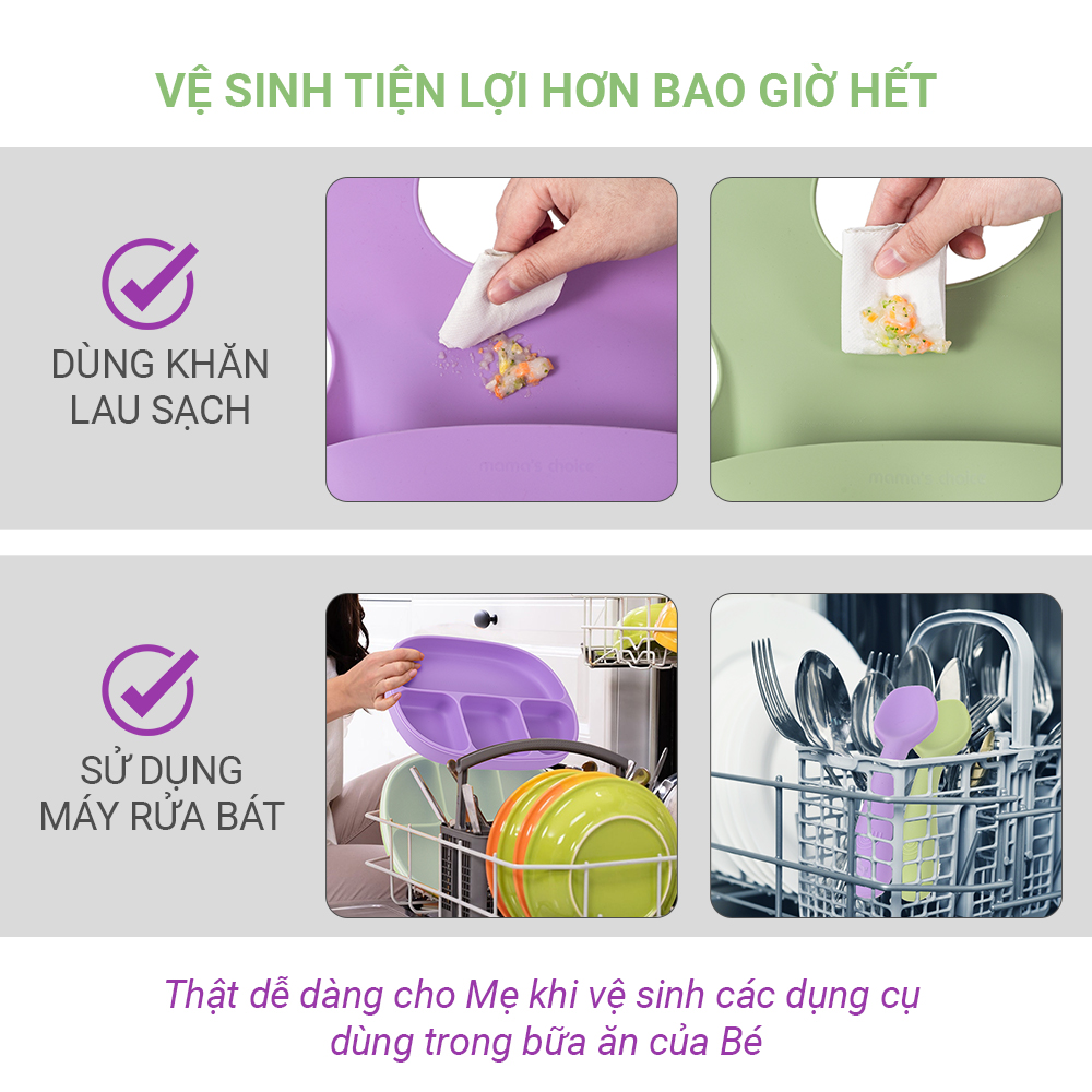 Bộ Ăn Dặm Cho Bé Thương Hiệu Mama's Choice, Combo Ăn Dặm Bát-Khay-Yếm-Thìa-Cốc Silicone Cao Cấp