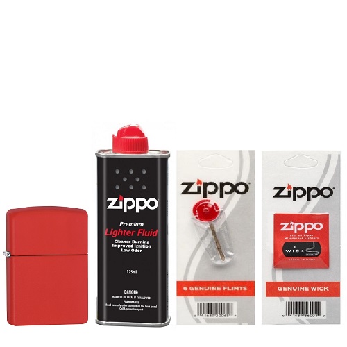 Combo 4 sản phẩm : Bật lửa Zipp Matte Red 233+Xăng+Đá+Bấc