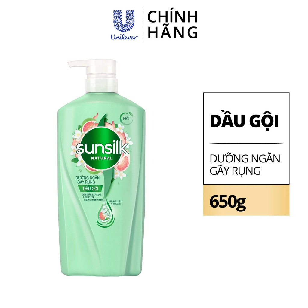 Dầu gội Sunsilk Natural 650g thành phần 100% thiên nhiên cho mái tóc tỏa hương sống động 48h và giảm gãy rụng gấp 2,5lần