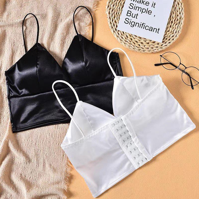 M37. Áo 2 dây croptop lụa satin thiết kế 8 khuy cài sau cá tính, áo bra lụa satin hot trend 2022 (có sẵn - miễn ship)