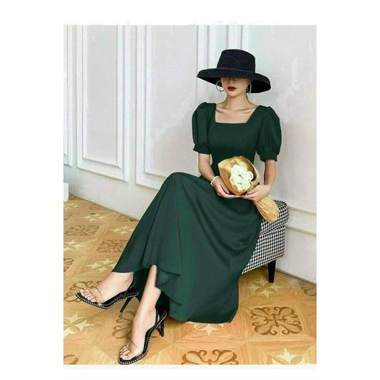 ĐẦM MAXI XANH CỔ VUÔNG TAY PHỒNG