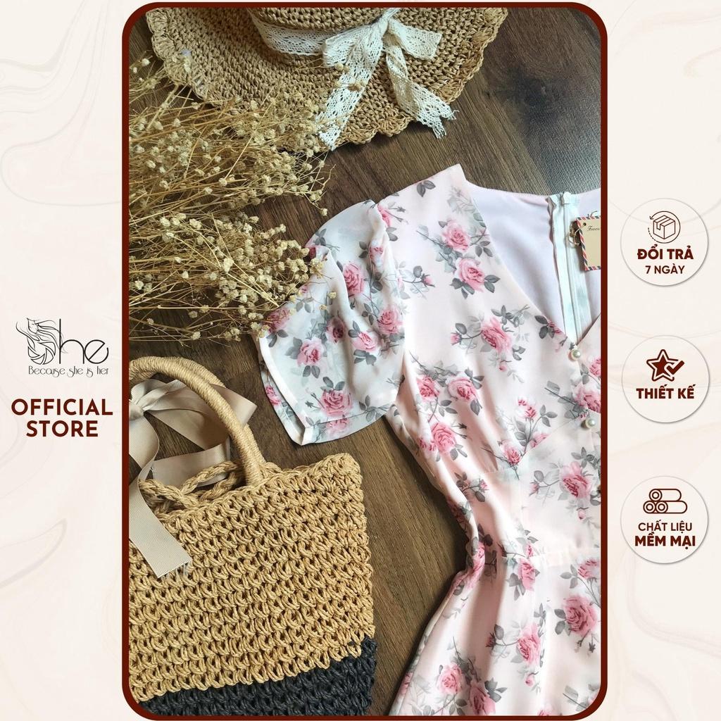 Váy nữ hoa voan đẹp She, đầm váy cổ tim 3 nút dáng A thời trang nữ SDX116