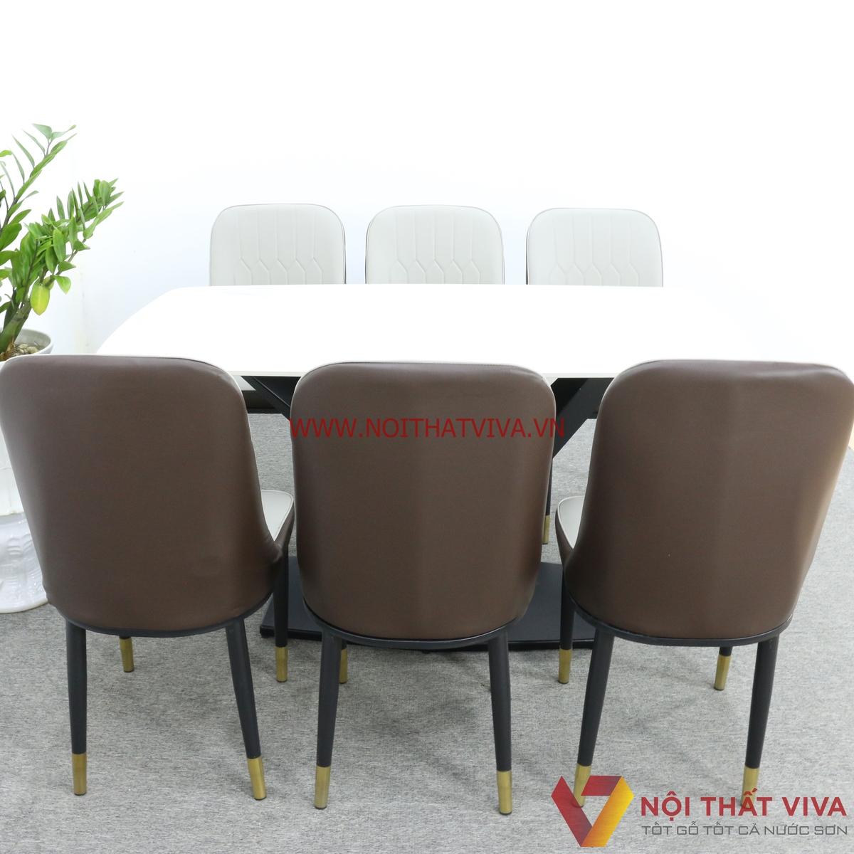 Bộ Bàn Ăn 6 Ghế Bọc Nệm Chân Chữ X Sơn Tĩnh Điện Mặt Đá Trắng Hiện Đại