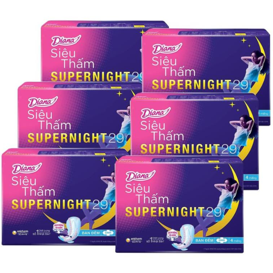 Combo 6 Băng Vệ Sinh Diana Super Night Có Cánh 29cm (Gói 4 Miếng)