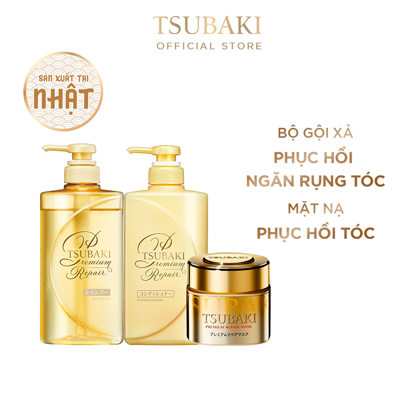 Bộ Ba Chăm Sóc Tóc Phục Hồi Ngăn Rụng Tóc TSUBAKI Gội Xả (490ml/chai) + Mặt Nạ Tóc Cao Cấp Phục Hồi Hư Tổn 180g