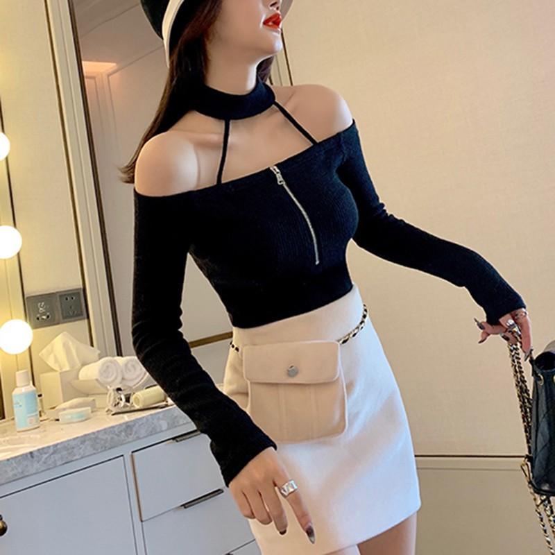 Áo dệt kim tay dài màu trơn thiết kế khoá kéo thanh lịch