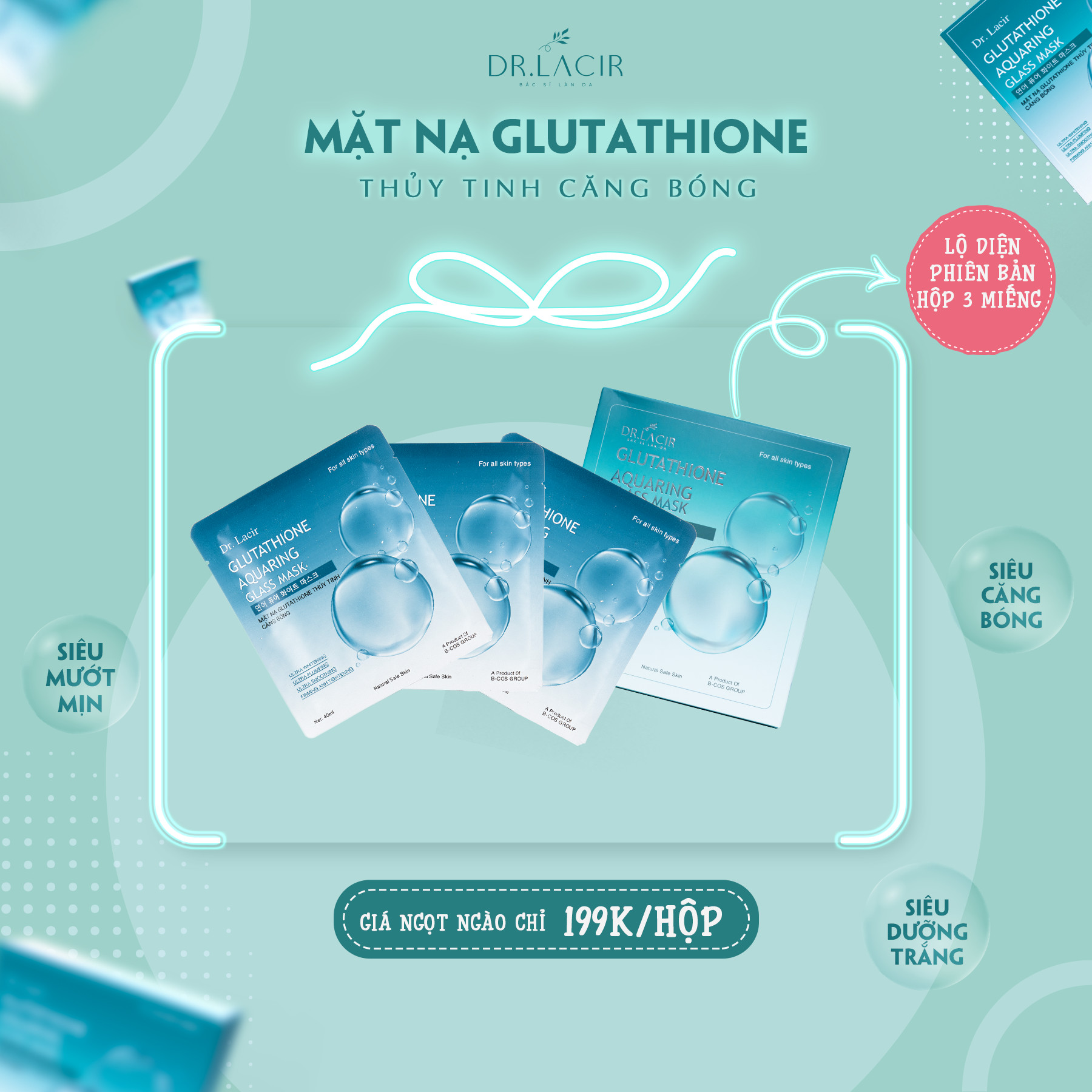 Mặt Nạ Glutathione Thuỷ Tinh Căng Bóng, Trắng Da, Mờ Nám, Giảm Nhăn - Dr. Lacir - Chính Hãng Hàn Quốc Khóa M