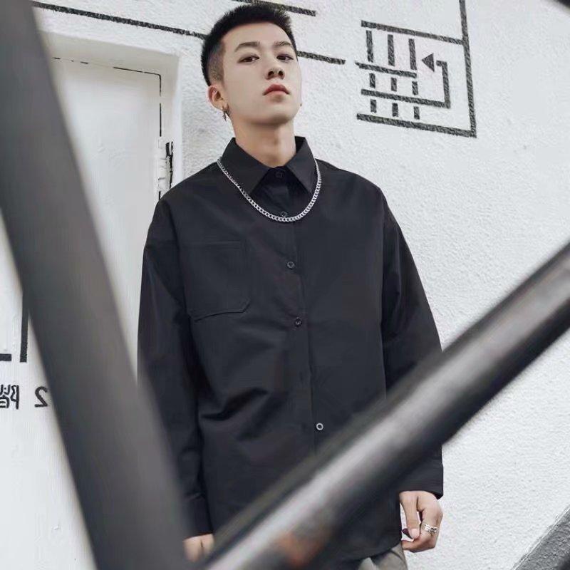 Áo Sơ Mi Nam Form Rộng Tay Dài Màu Trơn