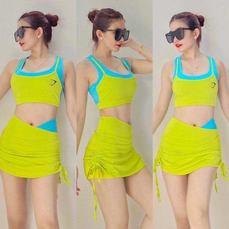 Set bộ tập áo bra váy rút dây phối màu hit hot tập gym, aerobic,thể dục,đi bơi nữ