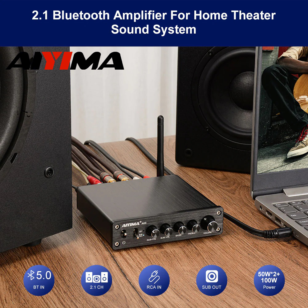 Amply AIYIMA A03 (50Wx2 + 100w Sub) bluetooth 5.0 hàng chính hãng