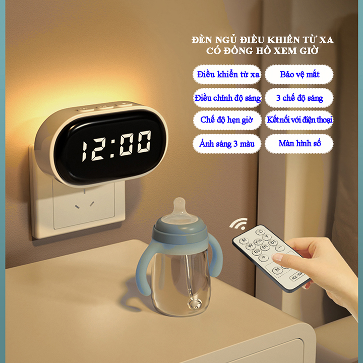 Đèn ngủ điều khiển từ xa có đồng hồ xem giờ với 3 chế độ sáng, độ sáng có thể điều chỉnh, ánh sáng 3 màu bảo vệ mắt