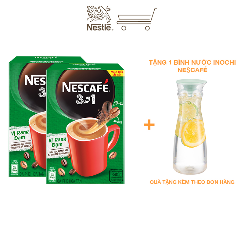 [Tặng 1 bình nước] Combo 2 hộp cà phê hòa tan Nescafé 3in1 vị rang đậm - công thức cải tiến (Hộp 20 gói)