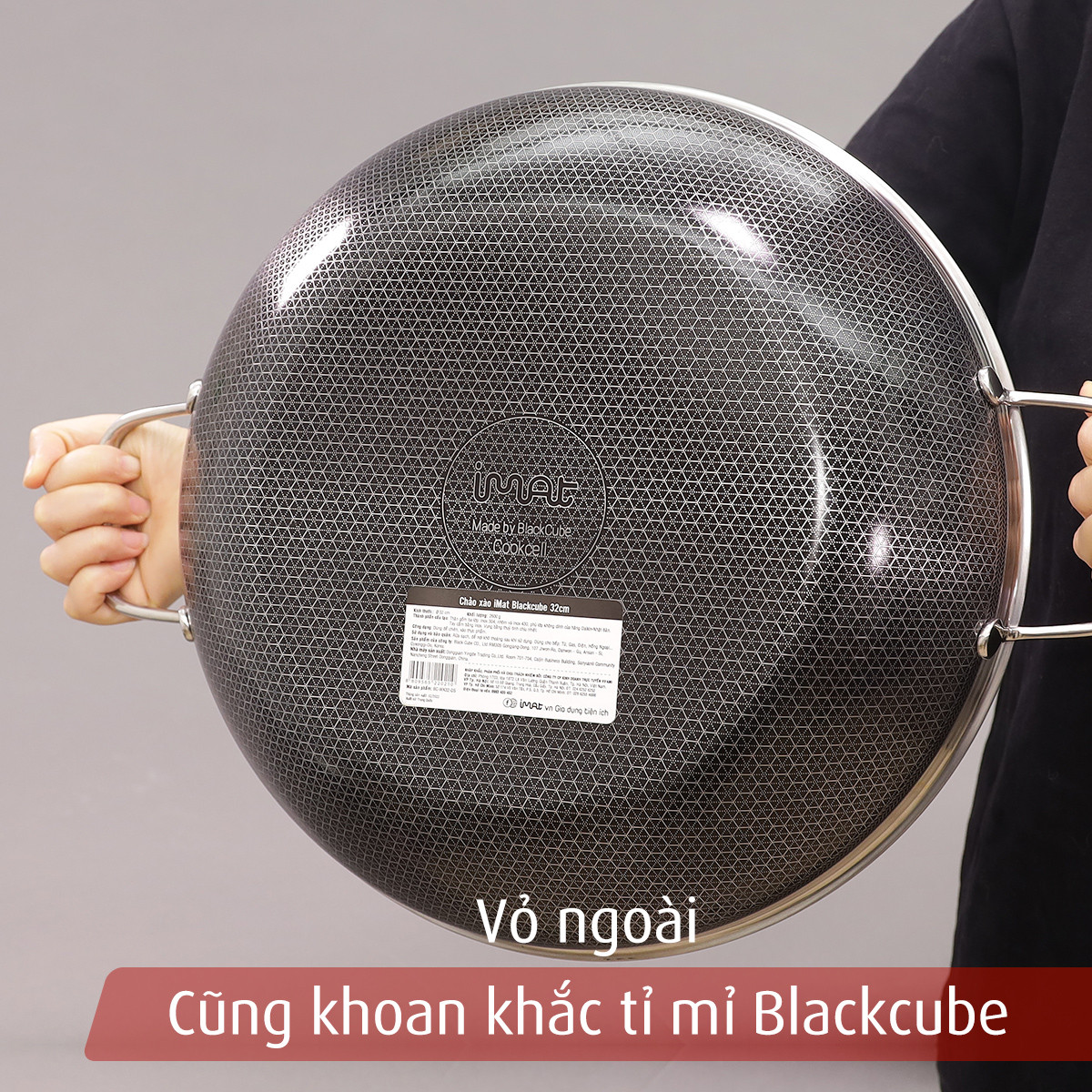 Chảo xào iNox Blackcube iMat 32cm, Tay cầm 2 bên, nắp kính cường lực.