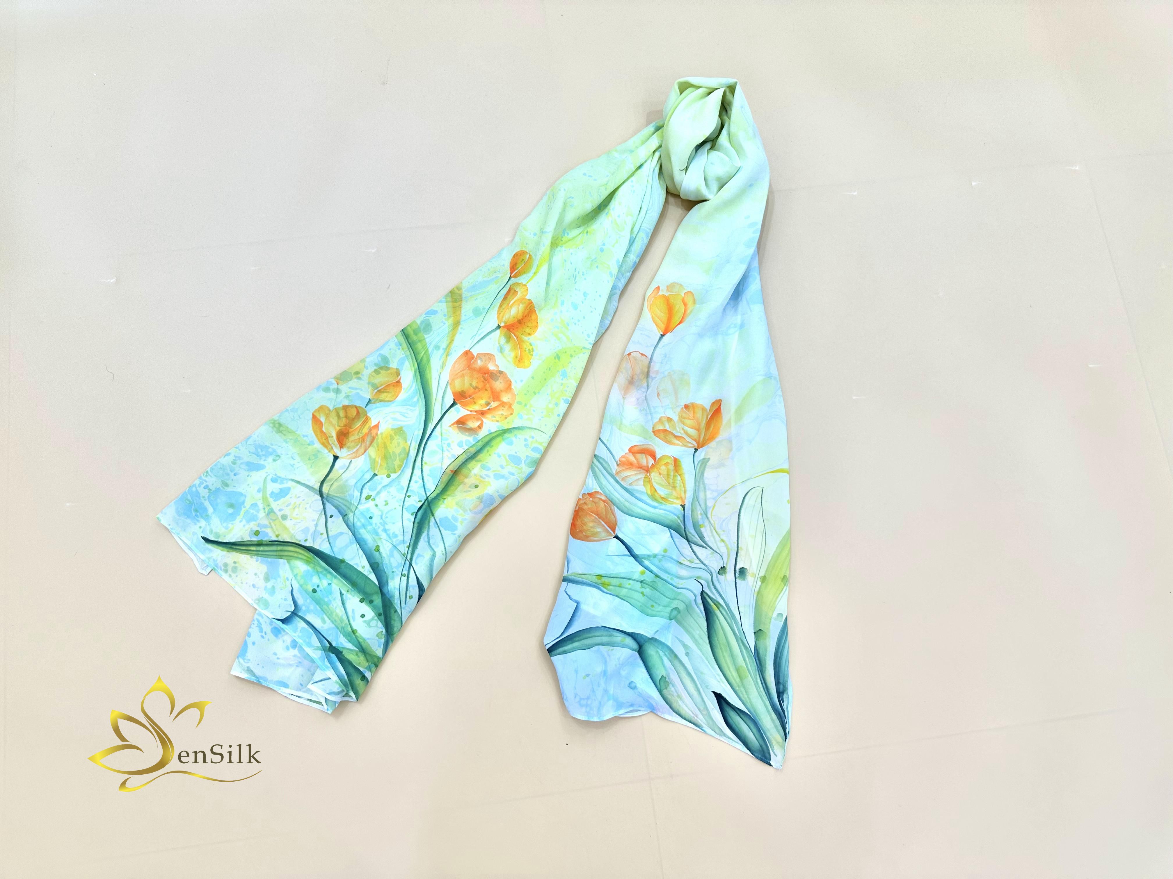 100% Mulberry Silk Scarf Water Marble Hand Painted - Khăn Lụa Cao Cấp Sen Silk Thuỷ Ấn Tulip - Quà Tặng Đẳng Cấp - Vietnam Handmade Gift