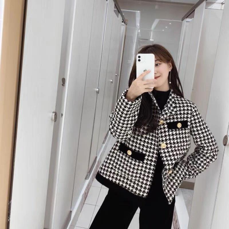 Áo dạ Tweed kẻ caro dáng ngắn tiểu thư áo cardigan dạ dày dặn( không kèm đai). MET SHOP