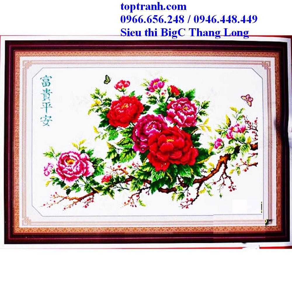 Tranh thêu chữ thập hoa mẫu đơn đỏ H231