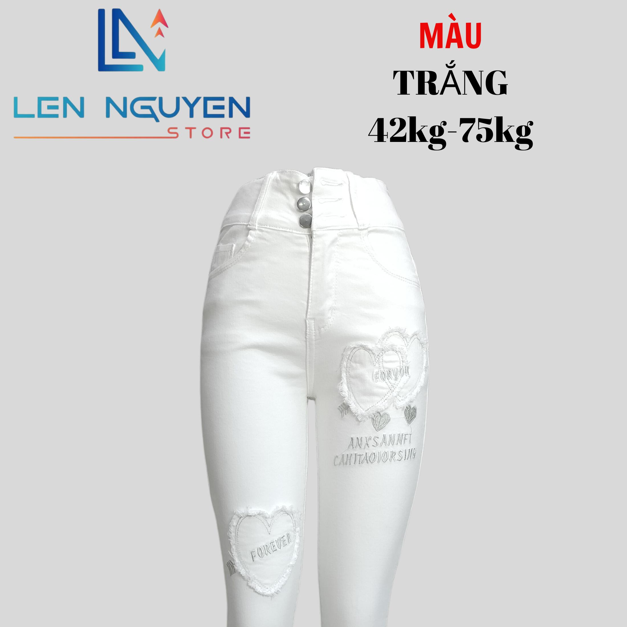 D38_ Quần Jean Nữ Dài 3 Nút Thiết Kế Thiết Kế Thiêu Đắp Dễ Thương,Lưng Cao,Thiết Kế Thêu Tim Quần Jean Nữ Dài Có Bigsize Từ 42kg đến 80kg Pants Xám Women Trắng