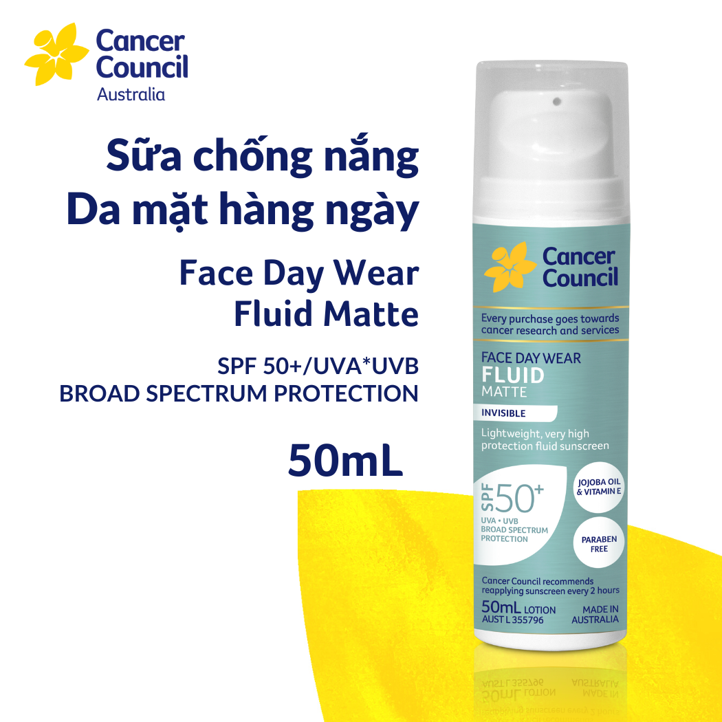 (Bao Bì Mới) Sữa chống nắng mỏng nhẹ Cancer Council Face Day Wear Fluid Matte SPF50+/PA++++ 50ml