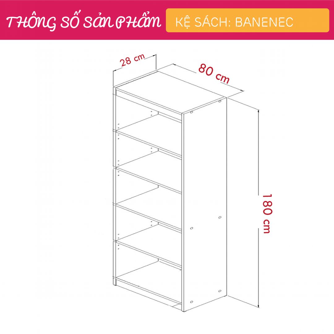 Kệ sách, kệ trang trí gỗ hiện đại SMLIFE Banenec | Gỗ MDF dày 17mm chống ẩm | D80xR28xC180cm