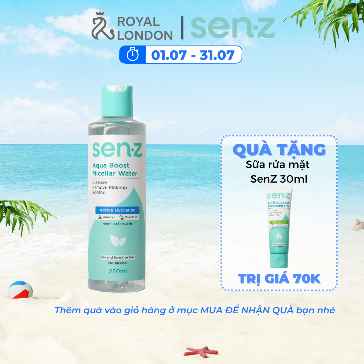 Nước Tẩy Trang Micellar Water Trà Xanh Cấp Ẩm Sâu SenZ Aqua Boost 250ML