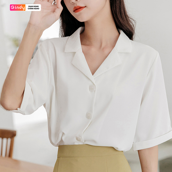 Áo sơ mi nữ tay ngắn đẹp cổ vest Hàn Quốc thời trang nữ công sở sinh viên cúc vuông GINDY A10114
