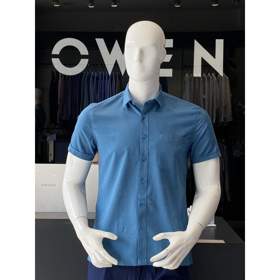 OWEN - Áo sơ mi ngắn tay Owen vạt ngang chất sợi tre màu xanh in họa tiết chìm 230116