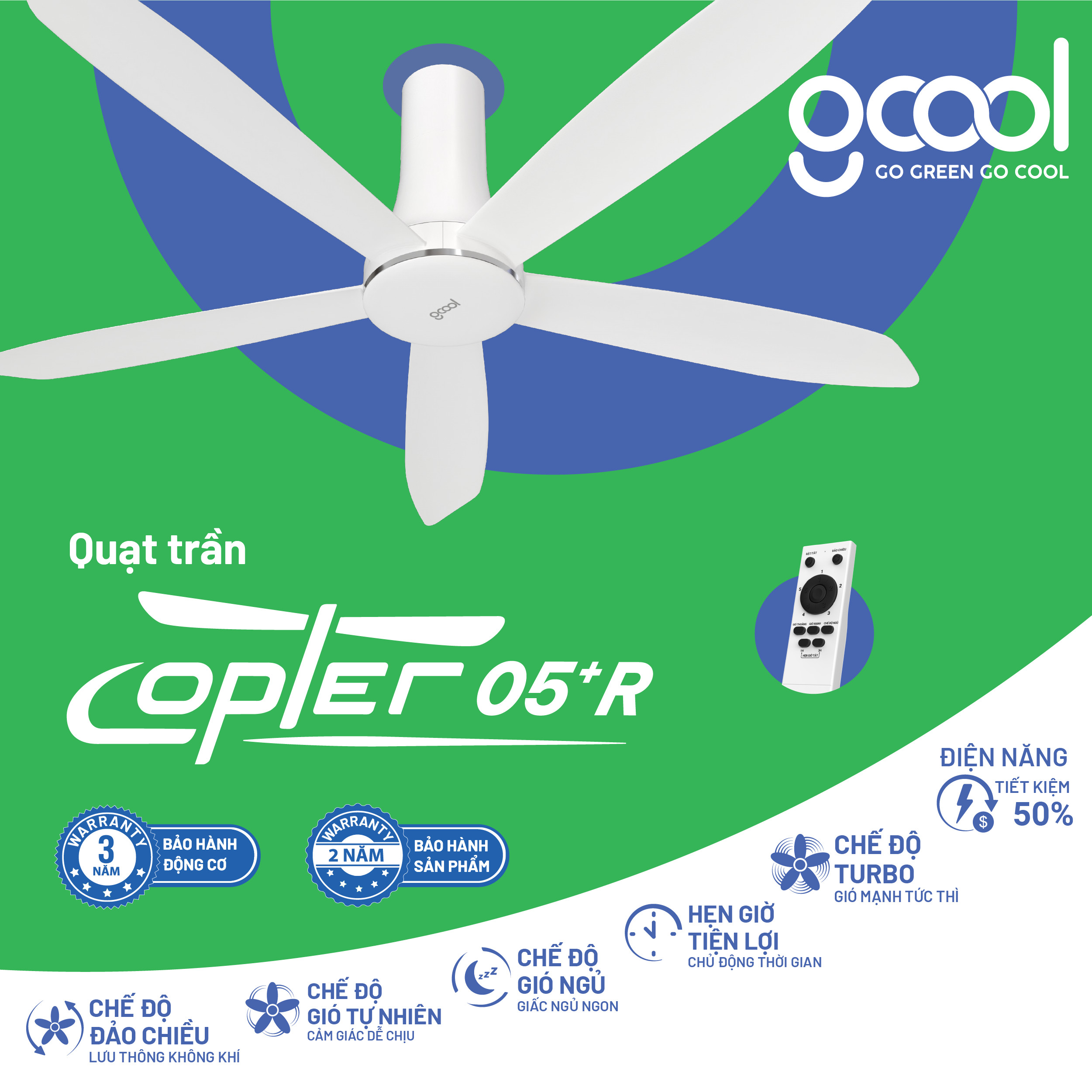 Quạt trần GCool Go Green Go Cool hiệu suất cao Smart DC Copter 05 Plus R - Hàng chính hãng