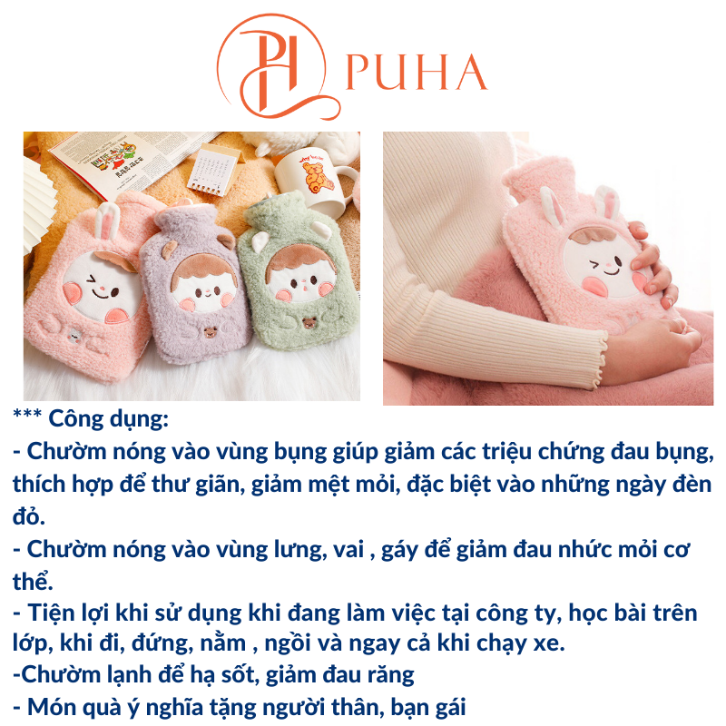 Túi chườm nóng đau bụng kinh PUHA 1000ml, túi sưởi ấm giữ nhiệt đa năng, túi trườm nóng giảm đau hiệu quả họa tiết Thỏ cute