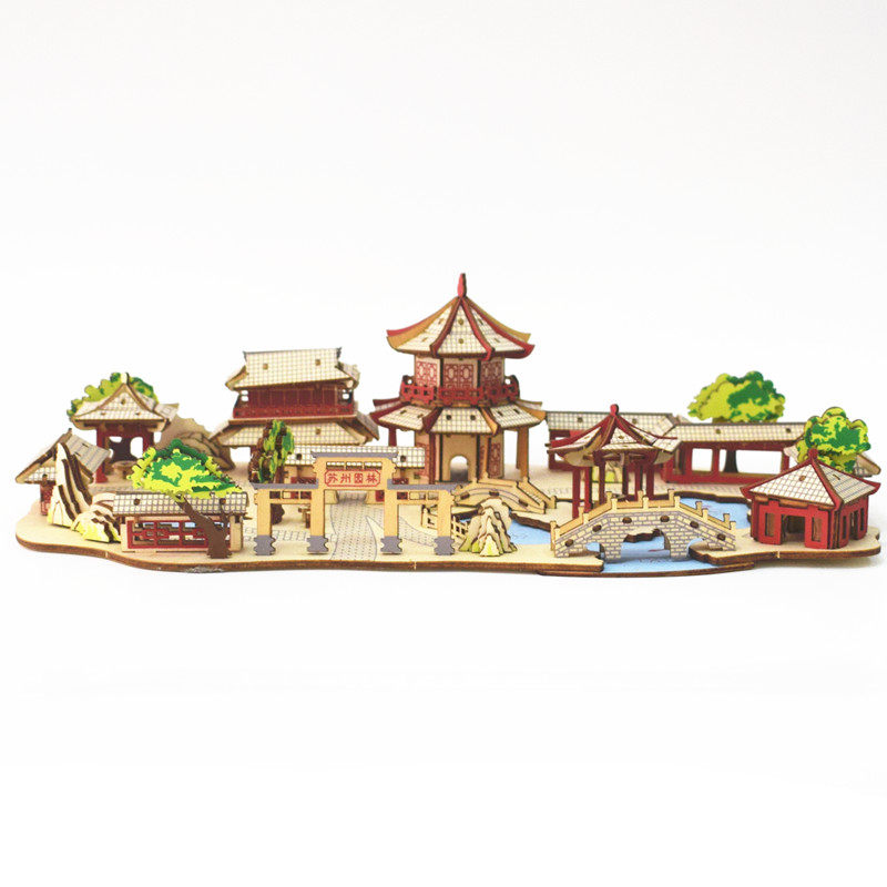 Đồ chơi lắp ghép gỗ 3D Mô hình Garden of Suzhou Nhà vườn Tô châu HZ01 Laser  Kèm đèn LED
