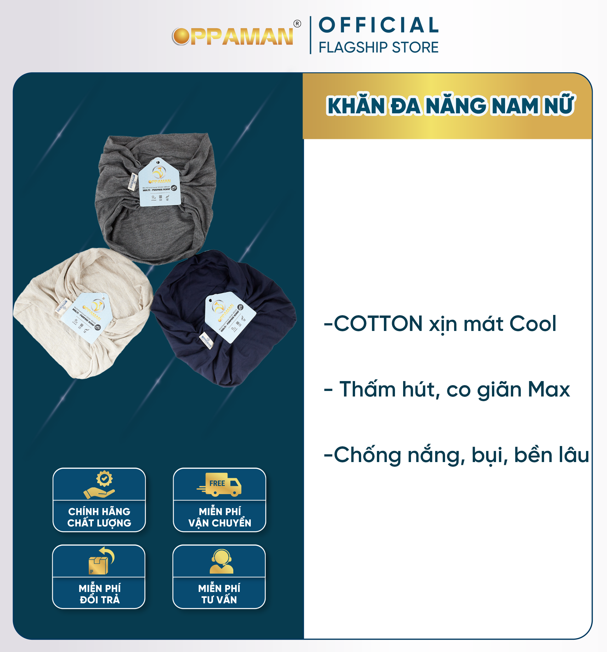 Khăn đa năng Oppaman co giãn tối đa cotton lạnh nhiều công dụng OKDN1- 3 Màu