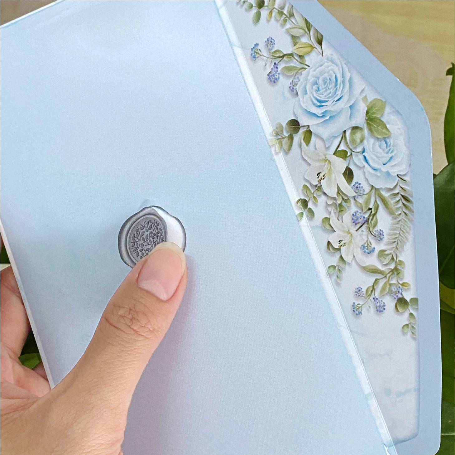 Combo 10 Bao thư 9 x 16.5cm màu xanh da trời họa tiết hoa hồng