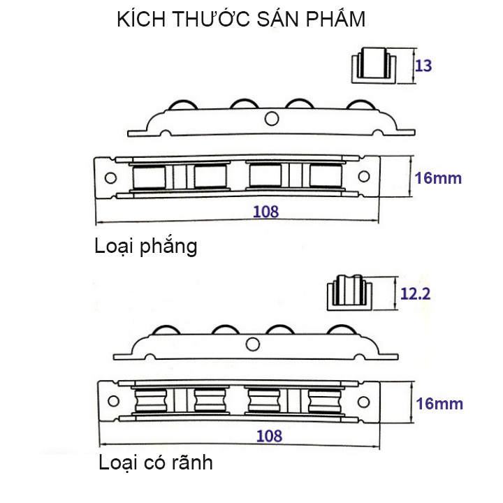 Bánh xe 4 cho cửa trượt-cửa lùa bằng inox không gỉ rộng 16mm, dùng cho cửa lùa gỗ, nhựa, nhôm, thép