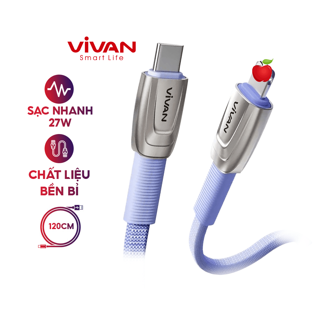 Cáp Sạc Nhanh VIVAN BTK-CL Sạc Nhanh PD 27W Đầu Sạc Mạ Kẽm Dây Dài 120cm - Hàng chính hãng