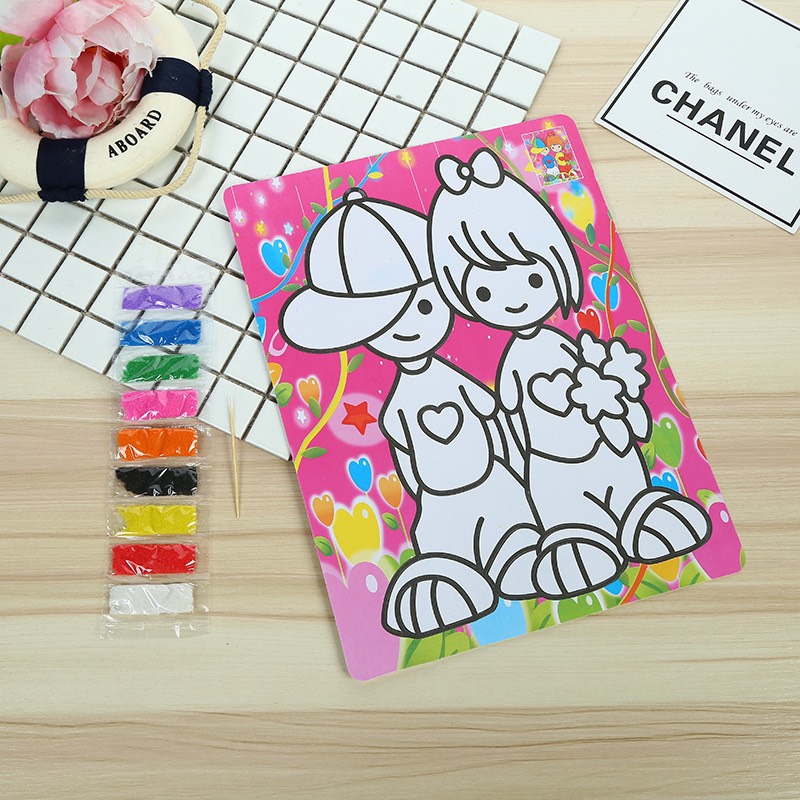 Combo 10 tranh cát khổ A4 nền màu cho bé, có kèm cát màu đủ mẫu đồ chơi cho bé - Quà tặng phát triển kỹ năng cho bé