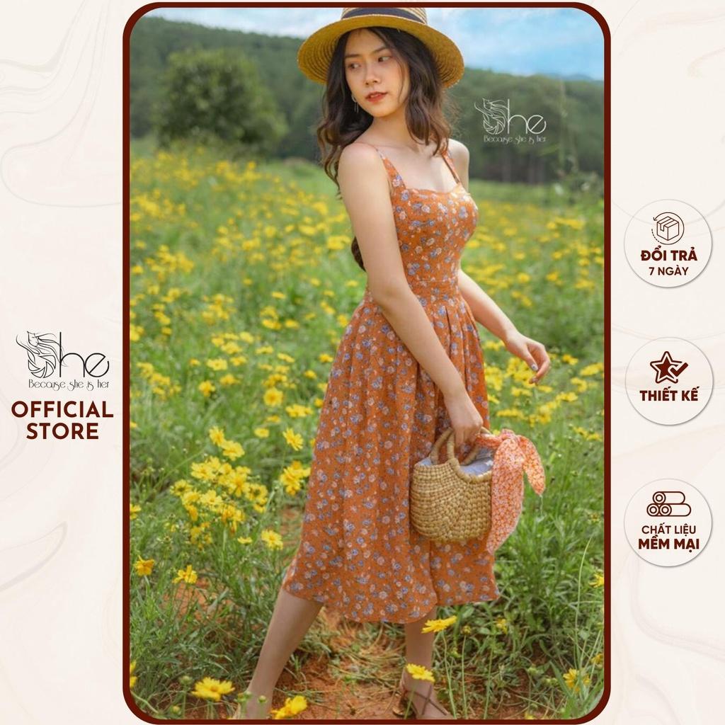 Đầm 2 dây xếp li hoa She, váy 2 dây dáng xòe VINTAGE đi chơi đi biển SDX34