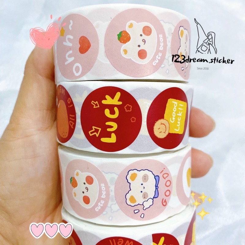 Cuộn 500 tem nhãn dán sticker thỏ hồng size 2.5cm / Ảnh thật