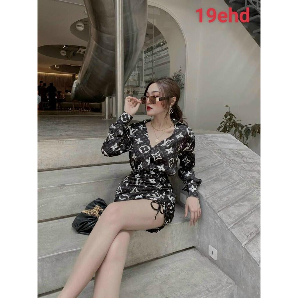 Đầm sơ mi hoạ tiết tay dài rút dây cực cá tính cài nút thật kèm hình thật