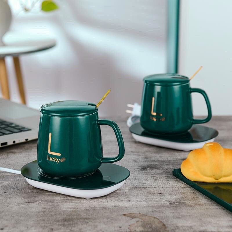 Ly hâm nóng giữ nhiệt ly sứ ,đa năng ,kèm đế và thìa mạ vàng cao cấp có hộp đựng sang trọng