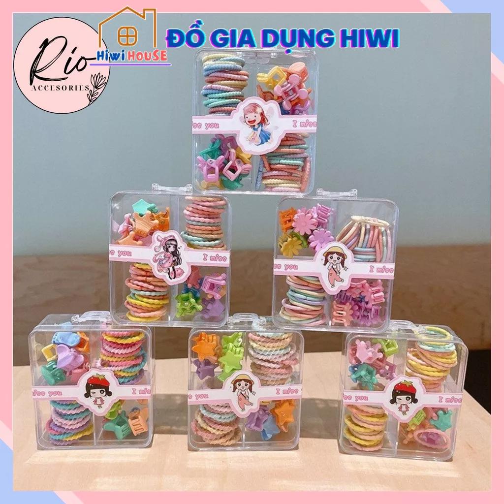 Set dây buộc tóc mix kẹp tóc càng cua cho bé (Hộp Vuông 4 Ngăn)