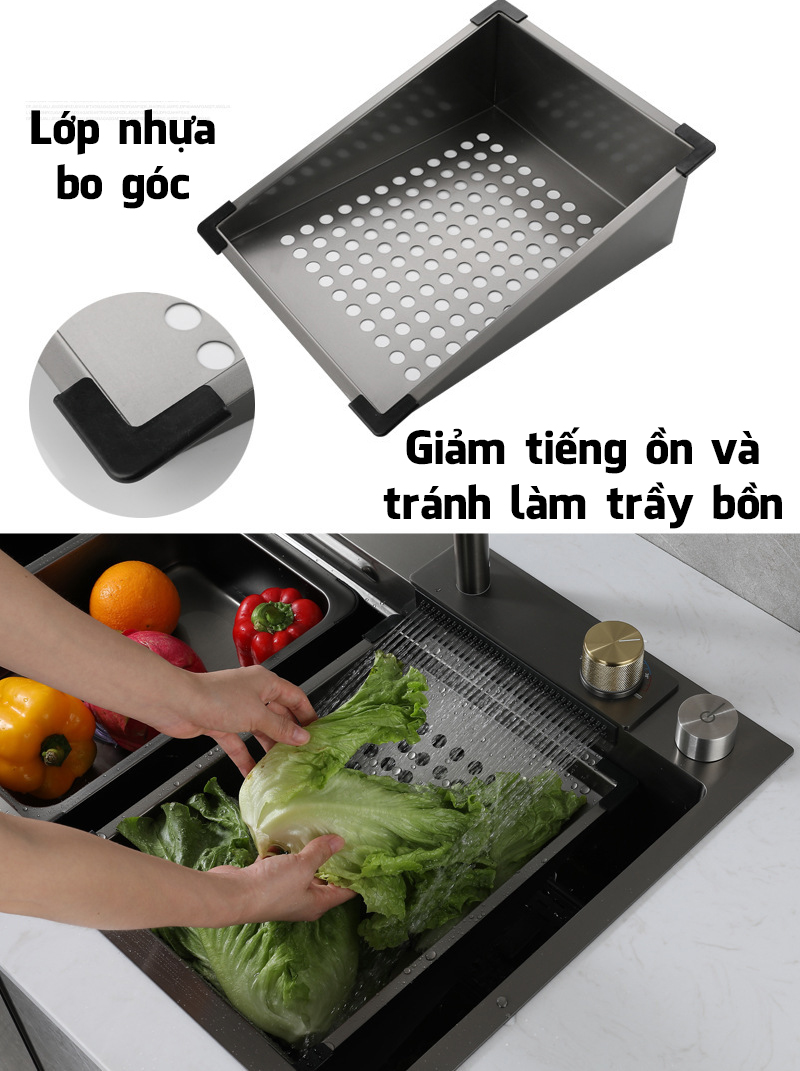 Bồn Chậu Rửa Chén Bát Vòi Thác Nước 1 Hố Nano Đen 75x46cm Lớn 