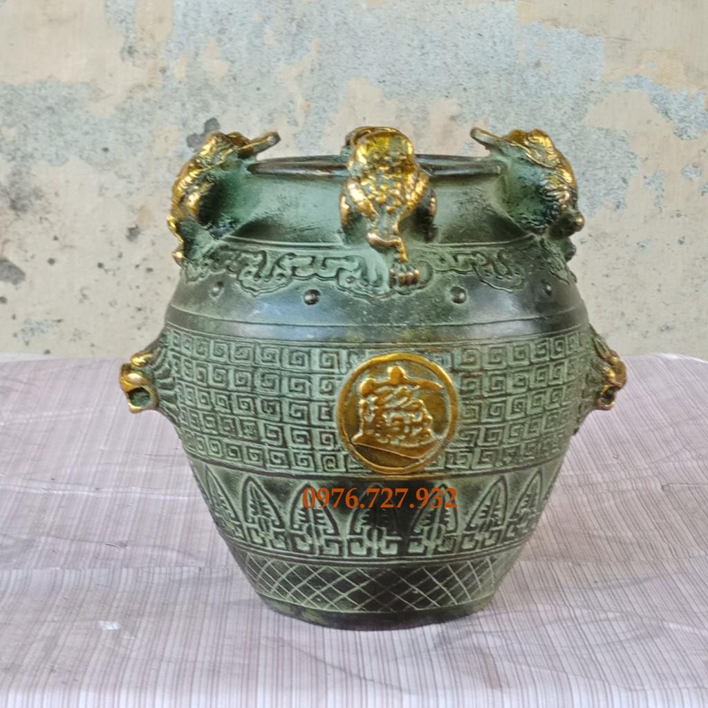 Hũ chiêu tài 4 cóc màu xanh giả cổ, kích thước 14x12cm, hũ đồng 4 cóc, giá bán hũ chiêu tài