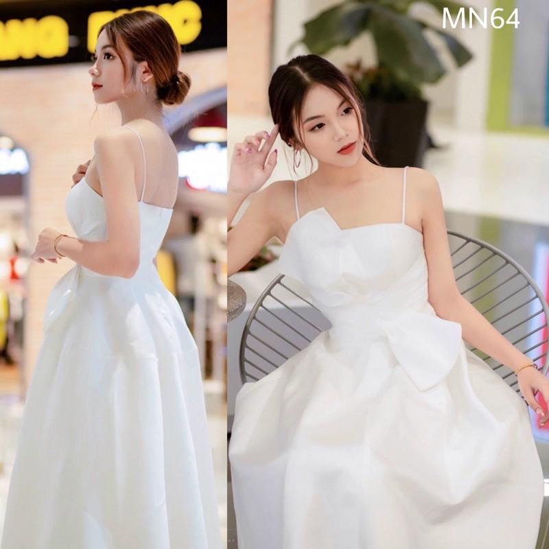 Đầm dáng xoè tiểu thư đầm hai dây trắng nơ ngực phi lụa dự tiệc đi chơi - MN46 - Đầm Váy Mina