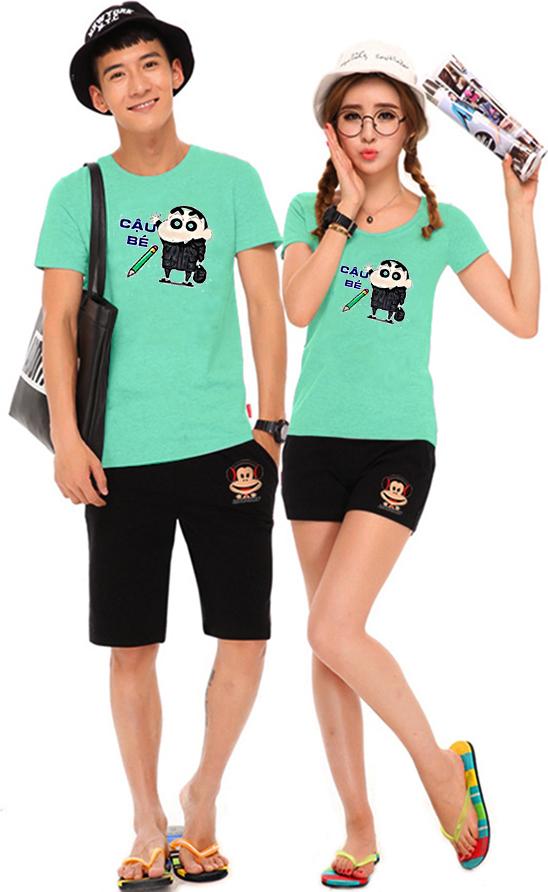 Bộ Áo Thun Đôi Nam Nữ Shin Màu Xanh Ngọc - XL - M
