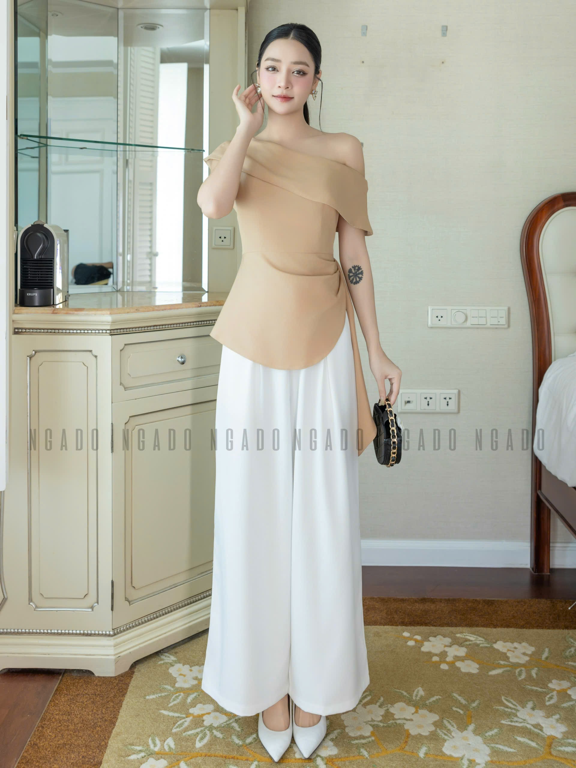 Set áo quần nude trắng lệch vai NGADO , set áo quần dài
