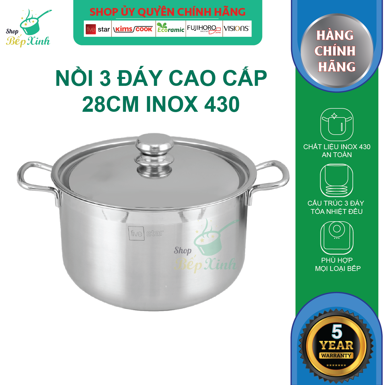Nồi Luộc Gà Inox 3 Đáy Inox Fivestar , Tặng 1 Vá Canh - 28Cm