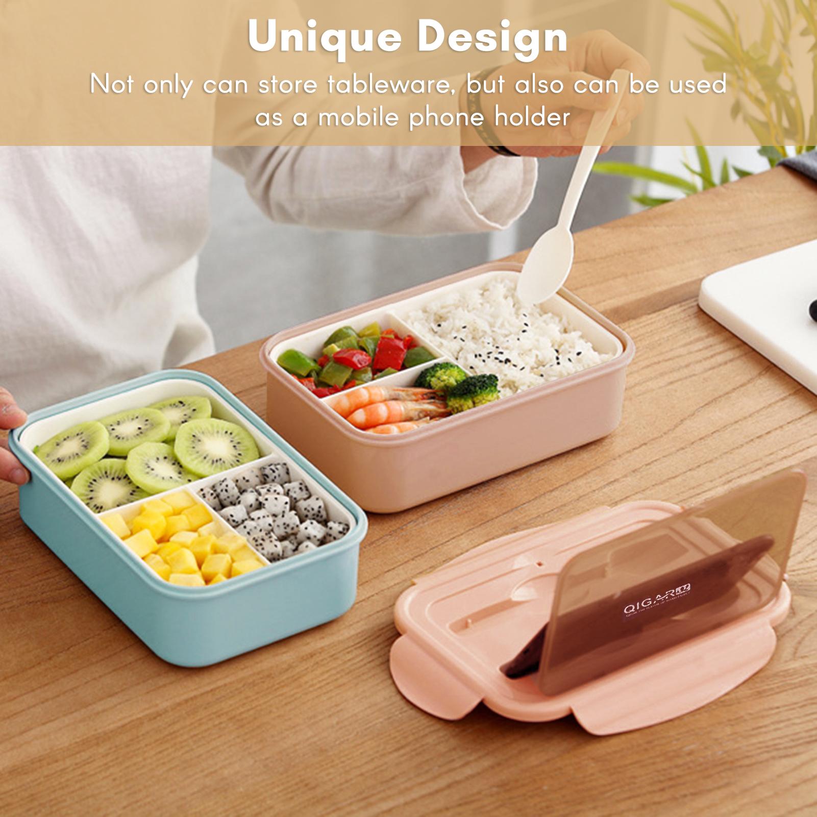 1400ml Plastic Lunch Box With Fork and Spoon 3 Compartment Single-layer Leakproof Reusable Crisper Sealed Bento Box
