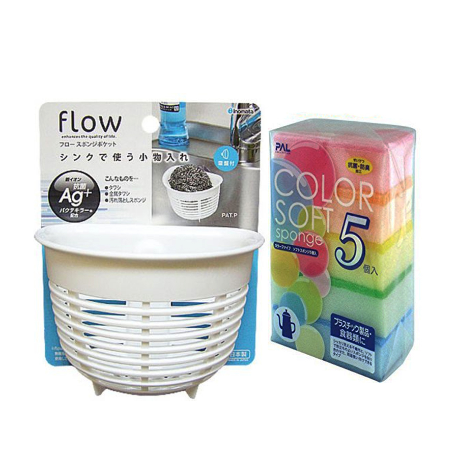 Combo Giá để giẻ rửa bát hình rổ màu trắng + Set 5 miếng xốp rửa bát có 1 mặt ráp nội địa Nhật Bản